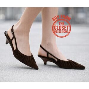 ZARA Velvet Slingback Kitten Heels NWT – Brown Ruched Pointed Toe, Size 7.5